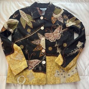 Indigo Moon Butterfly Patchwork Embroidered Jacket Size Medium